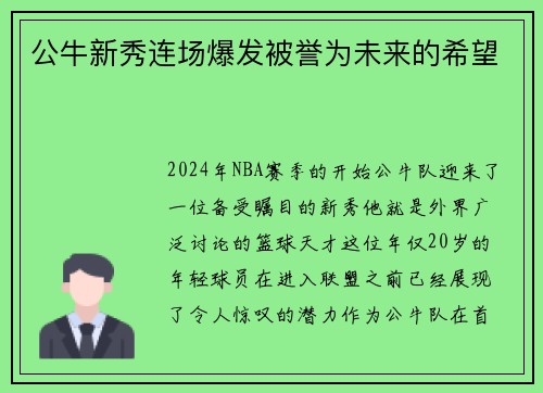 公牛新秀连场爆发被誉为未来的希望